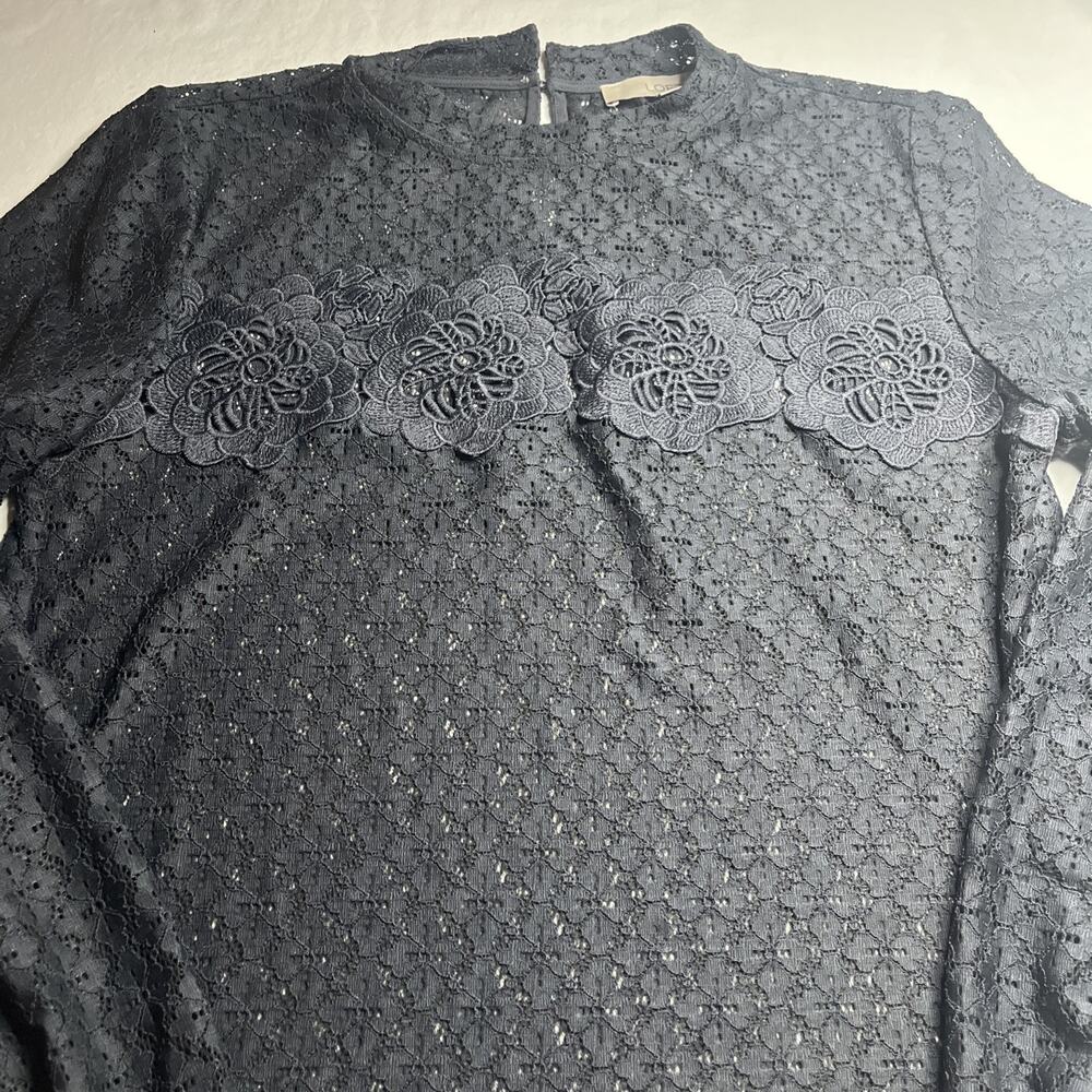 LOFT Grey Floral Mosaic See Through Long Sleeve Blouse Size S